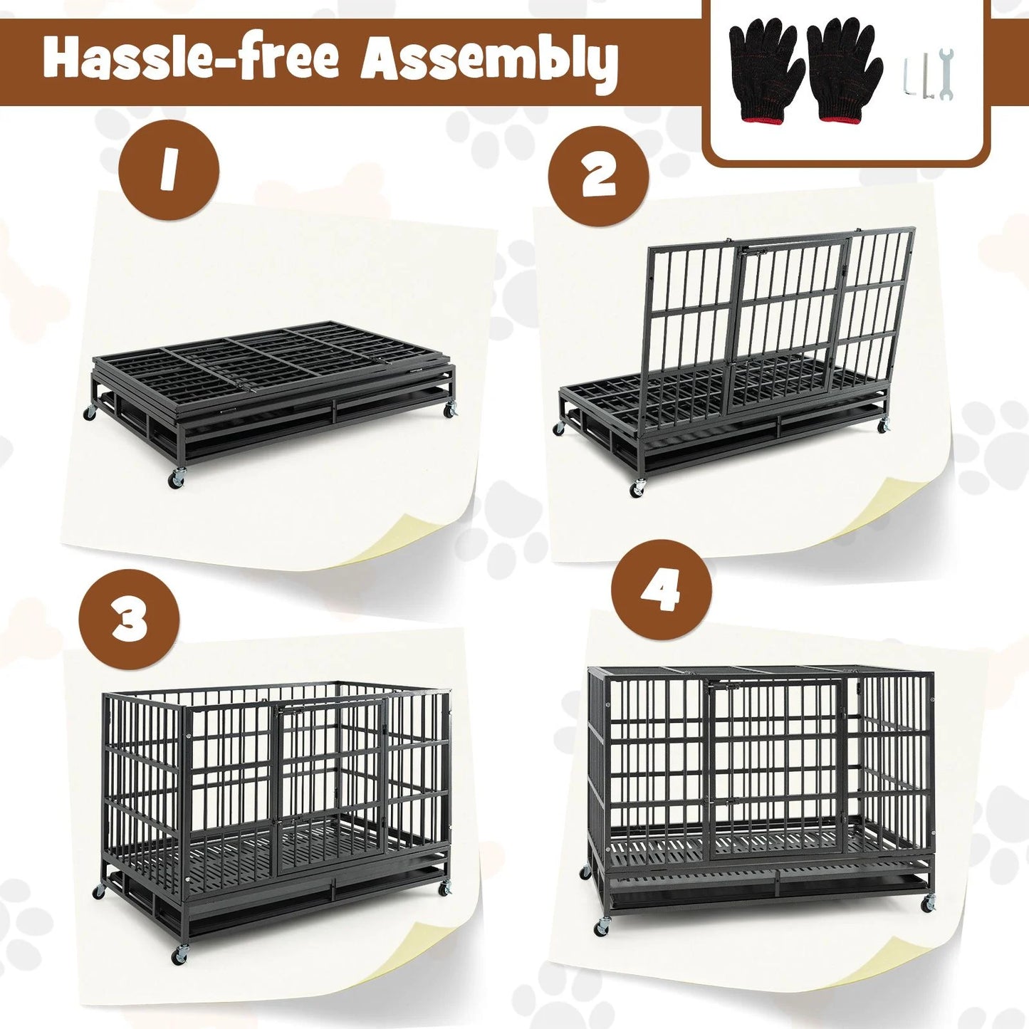 Foldable Metal Dog Cage with Double Doors and Wheels - 96/120 cm