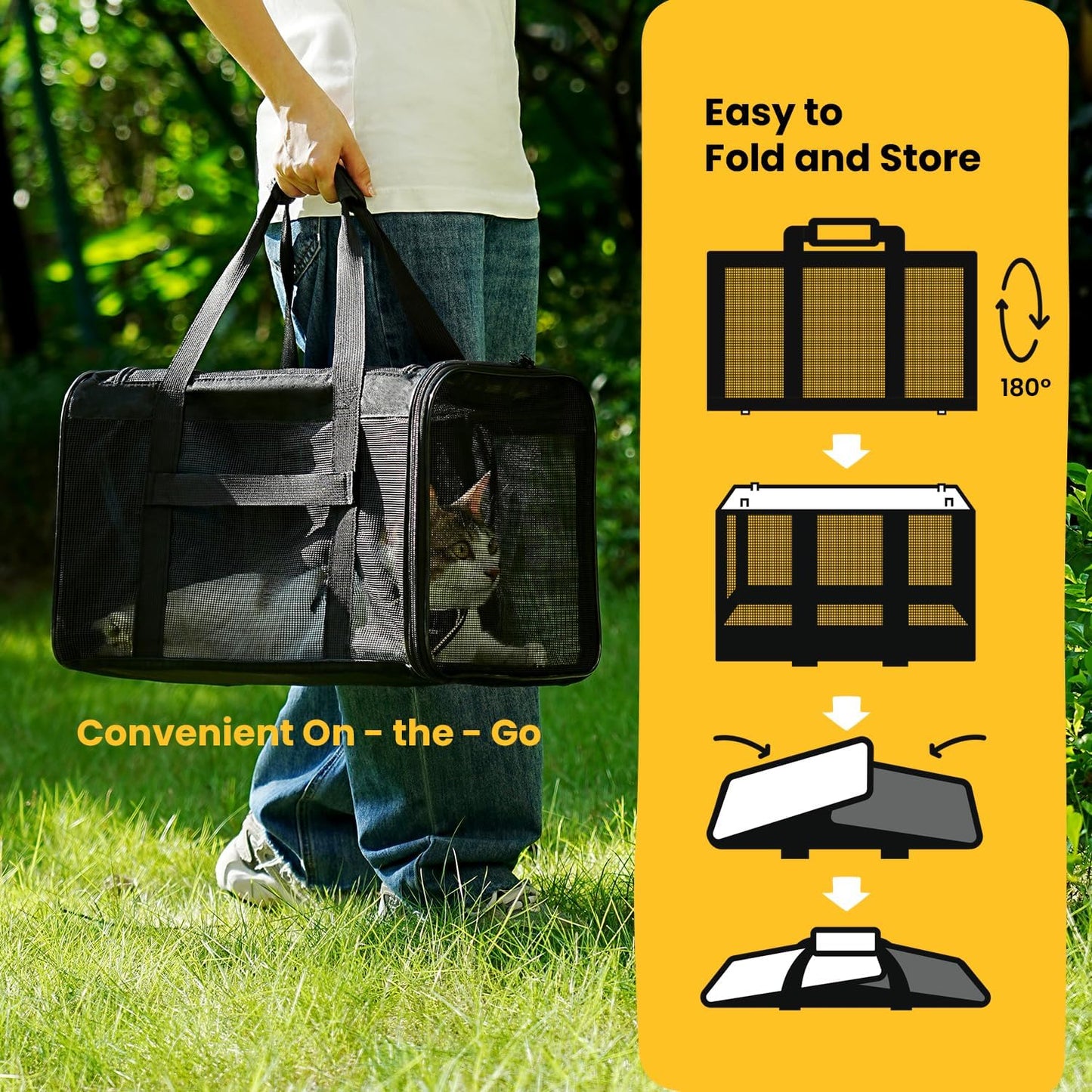 Soft-Sided Cat Carrier Bag - Airline Approved Pet Transport for Small to Medium Cats and Puppies up to 15 lbs, Featuring 4-Sided Mesh and Collapsible Design
