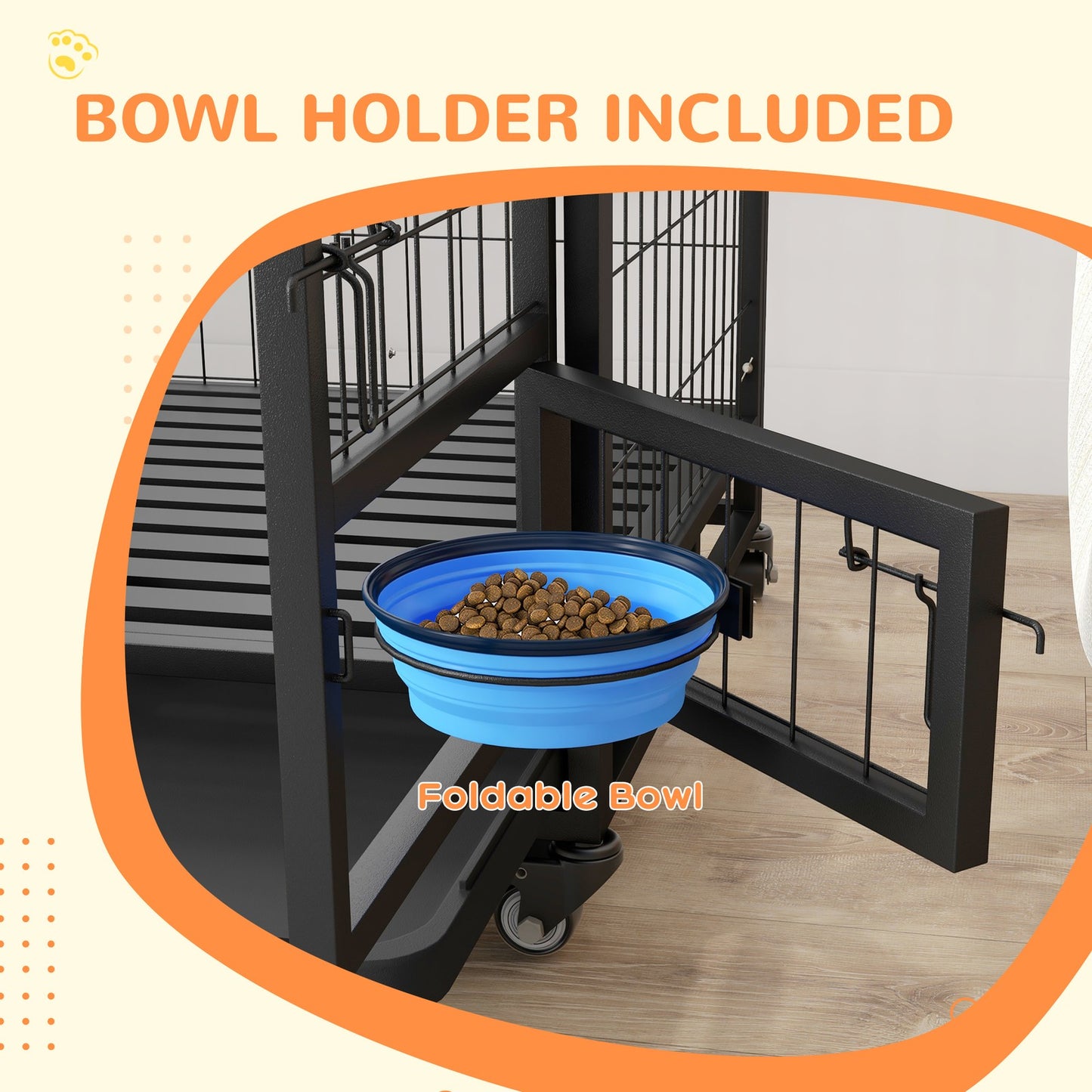 Pawhut 36-Inch Heavy-Duty Dog Crate with Wheels, Bowl Holder, and Removable Tray