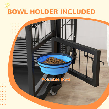 Pawhut 36-Inch Heavy-Duty Dog Crate with Wheels, Bowl Holder, and Removable Tray