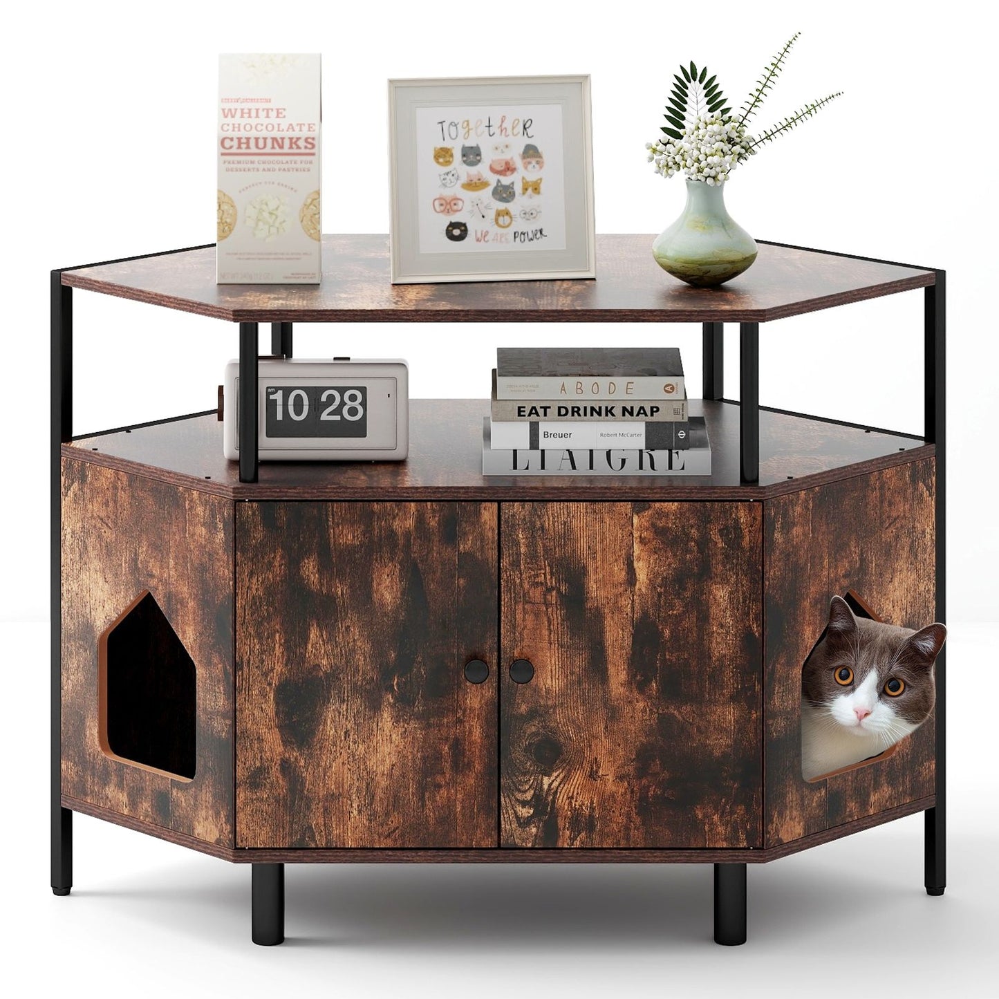 Corner Cat Litter Box Enclosure with Integrated Open Shelf