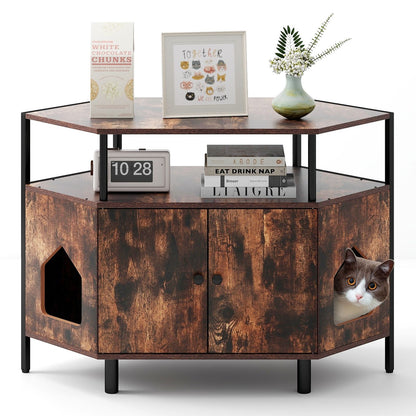 Corner Cat Litter Box Enclosure with Integrated Open Shelf