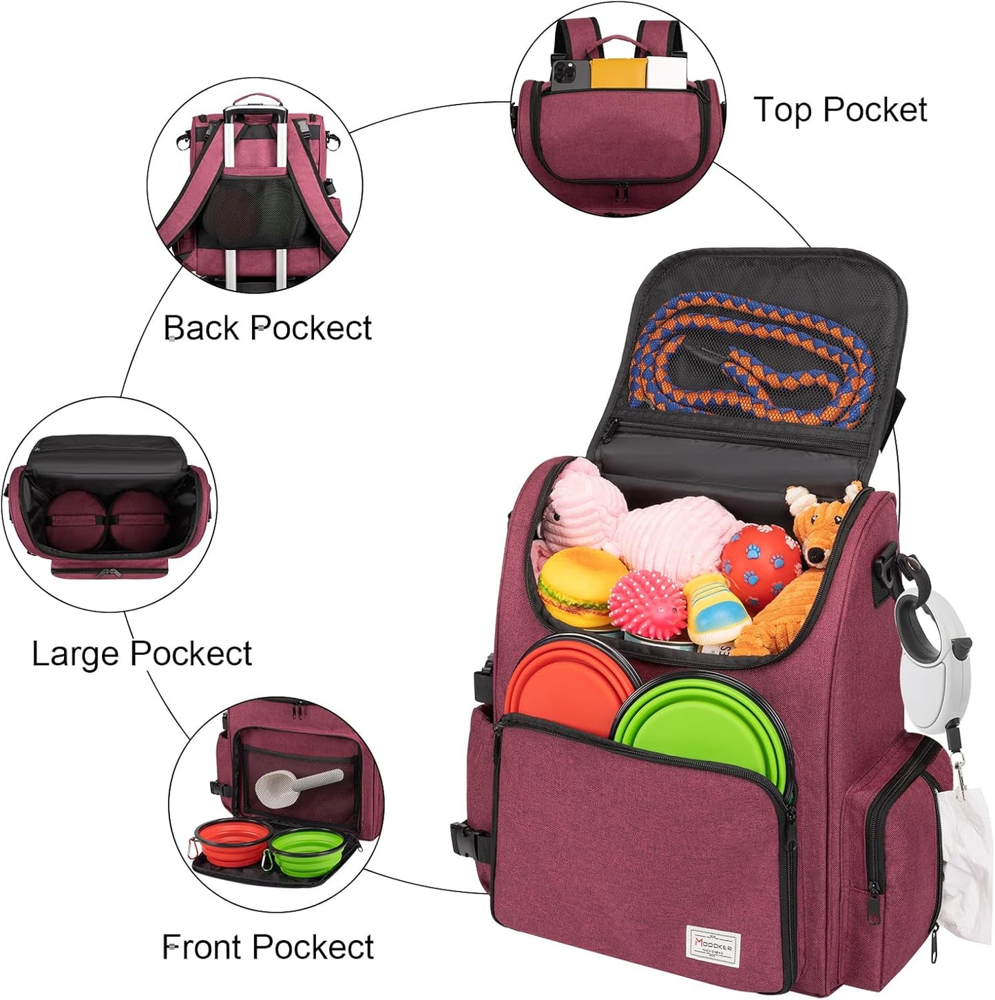 Pet Travel Backpack: Airline-Approved Organizer for Dogs and Cats with Shoulder Strap, Includes 2 Food Storage Containers, 2 Collapsible Bowls, and 1 Pet Mat - Rose Red