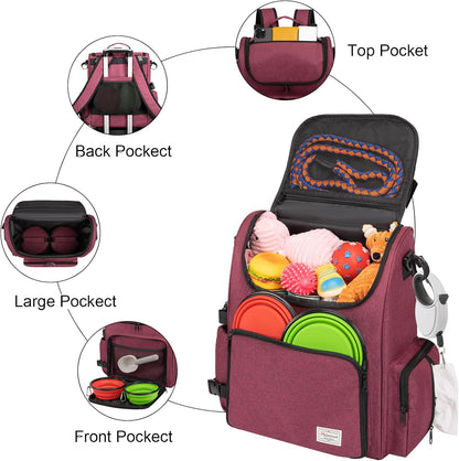 Pet Travel Backpack: Airline-Approved Organizer for Dogs and Cats with Shoulder Strap, Includes 2 Food Storage Containers, 2 Collapsible Bowls, and 1 Pet Mat - Rose Red
