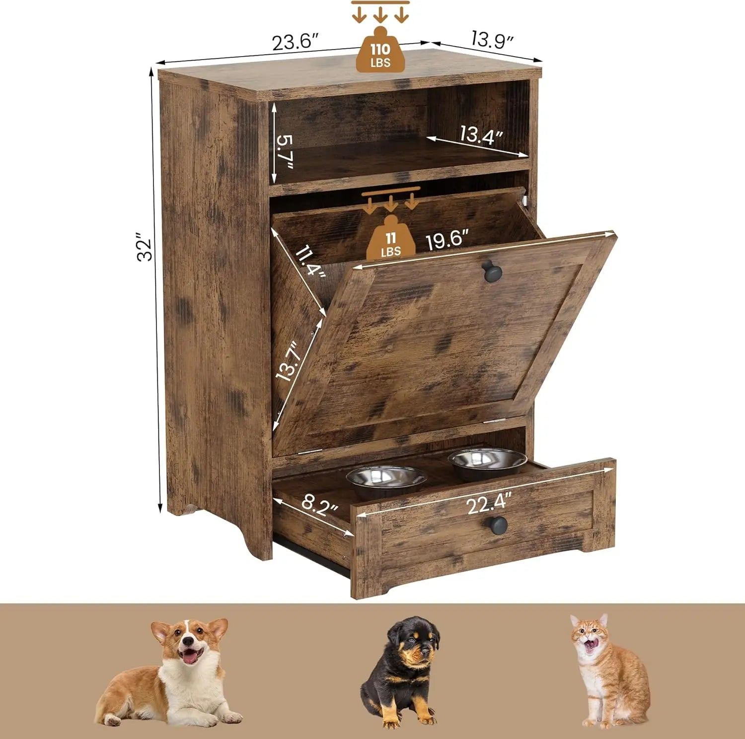 Linkromat Elevated Dog Feeding Station with Storage Cabinet and Two Bowls, Brown