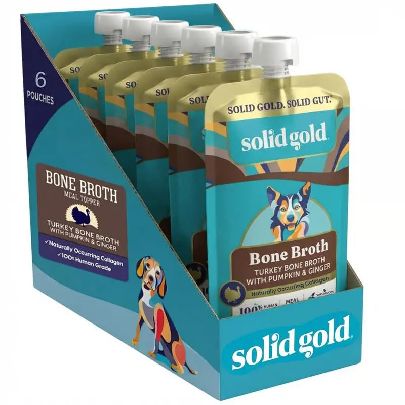 Solid Gold Nutrient-Rich Bone Broth Topper for Dogs with Turmeric - 6 Pouches - Made in the USA