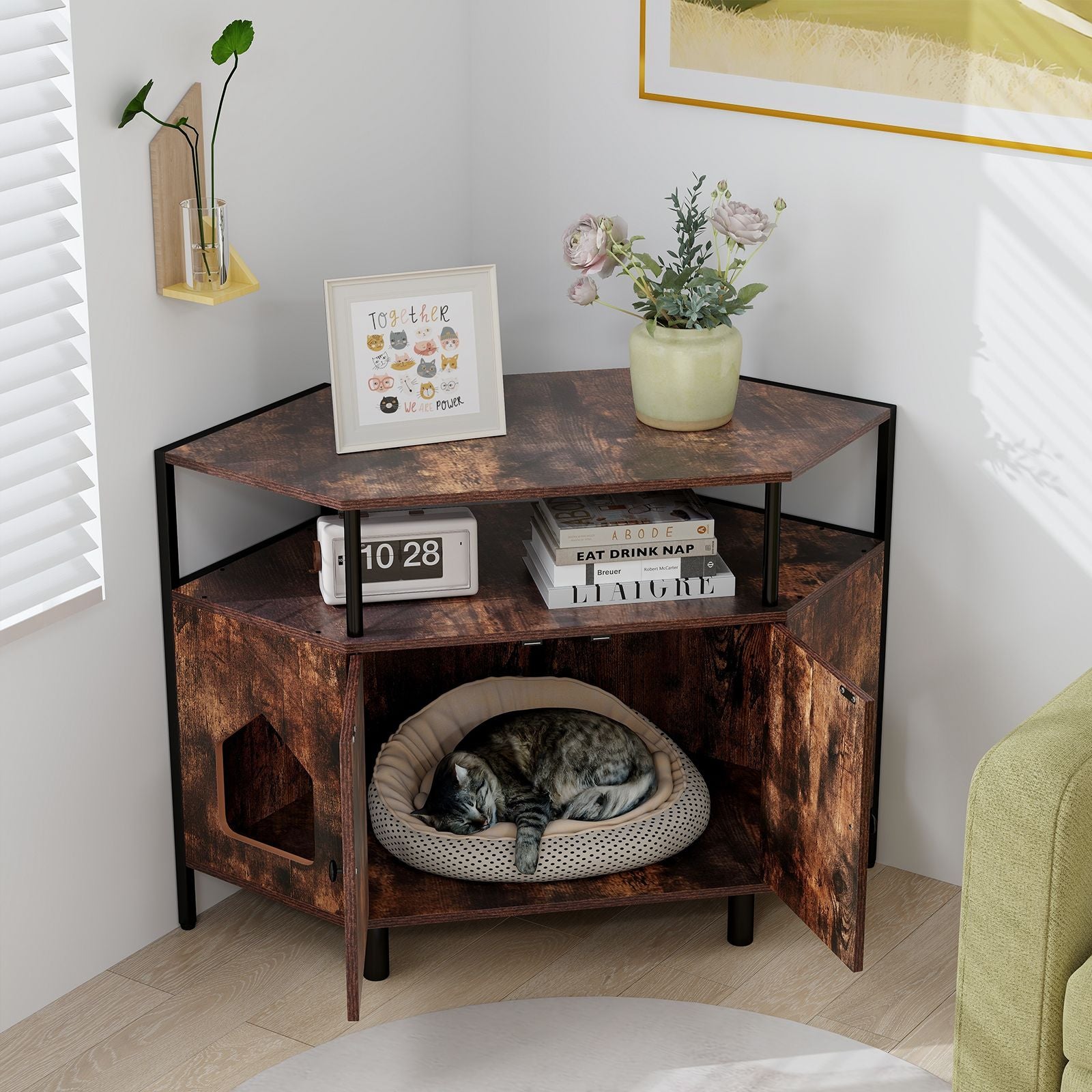 Corner Cat Litter Box Enclosure with Integrated Open Shelf