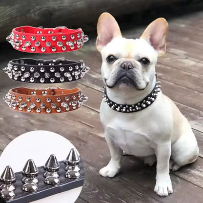 Adjustable PU Leather Punk Rivet Dog Collar for Small Dogs and Cats
