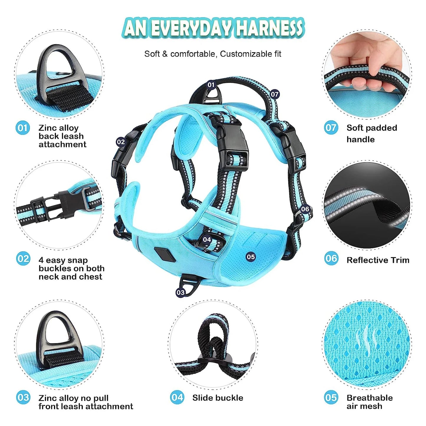 Adjustable Soft Padded No-Pull Dog Harness with Convenient Control Handle