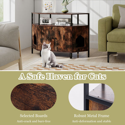 Corner Cat Litter Box Enclosure with Integrated Open Shelf