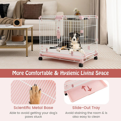 Folding Dog Kennel with Dual Locking Doors and Mobility Wheels