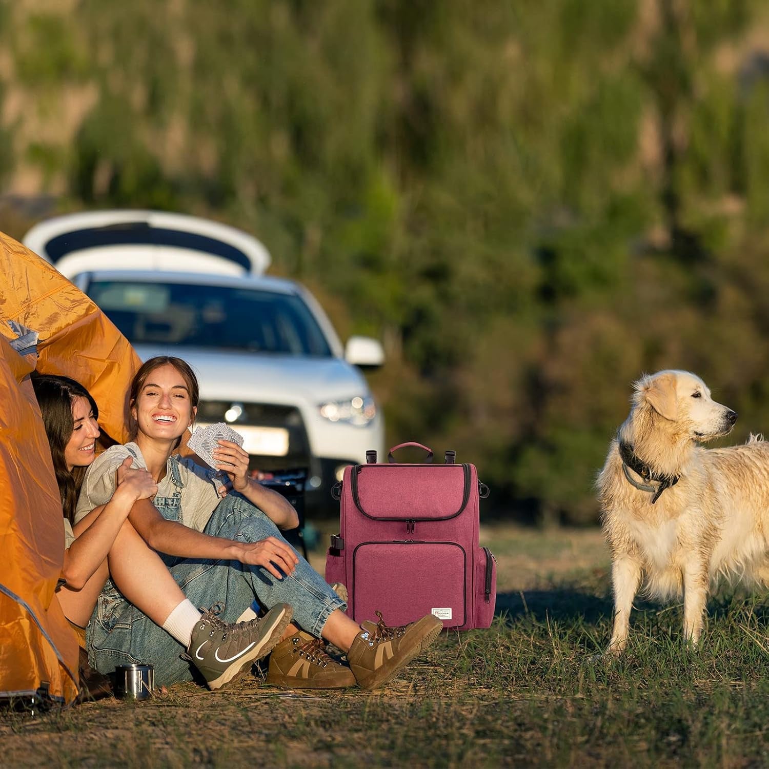 Pet Travel Backpack: Airline-Approved Organizer for Dogs and Cats with Shoulder Strap, Includes 2 Food Storage Containers, 2 Collapsible Bowls, and 1 Pet Mat - Rose Red