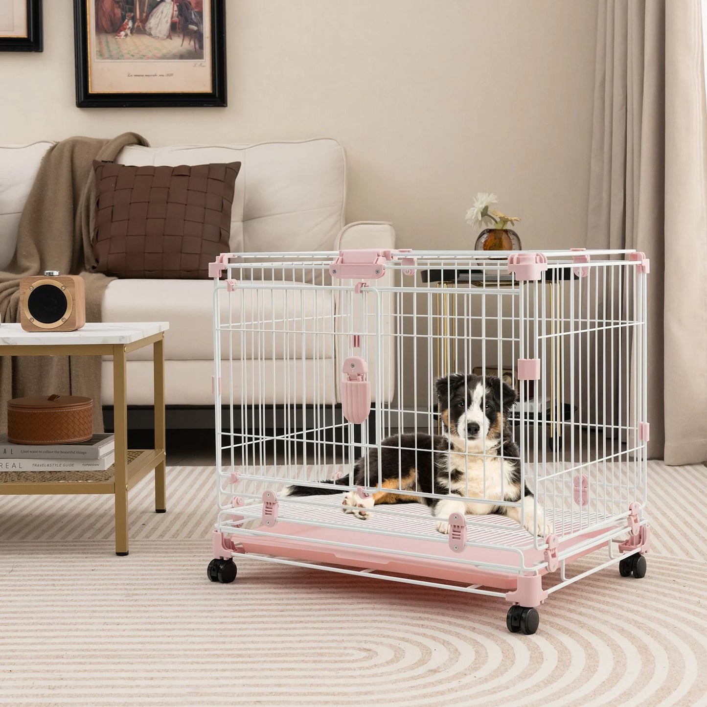 Folding Dog Kennel with Dual Locking Doors and Mobility Wheels