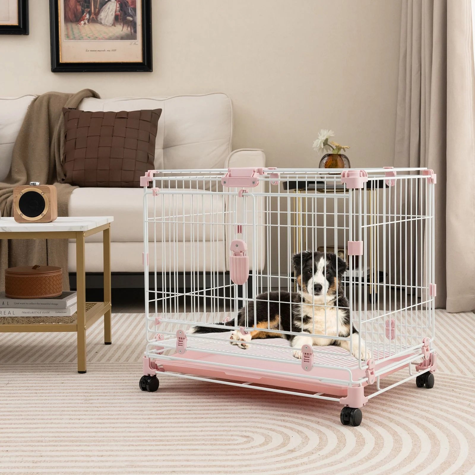 Folding Dog Kennel with Dual Locking Doors and Mobility Wheels