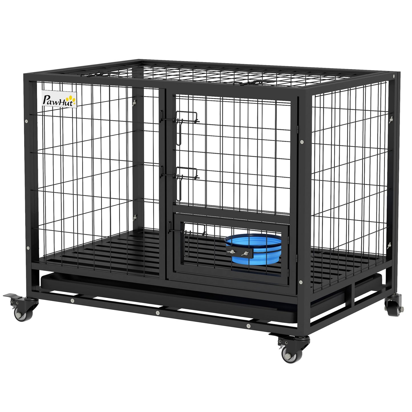 Pawhut 36-Inch Heavy-Duty Dog Crate with Wheels, Bowl Holder, and Removable Tray
