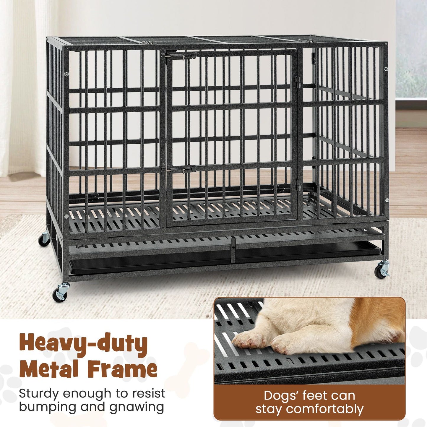 Foldable Metal Dog Cage with Double Doors and Wheels - 96/120 cm