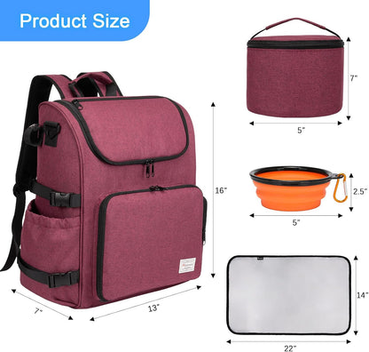 Pet Travel Backpack: Airline-Approved Organizer for Dogs and Cats with Shoulder Strap, Includes 2 Food Storage Containers, 2 Collapsible Bowls, and 1 Pet Mat - Rose Red