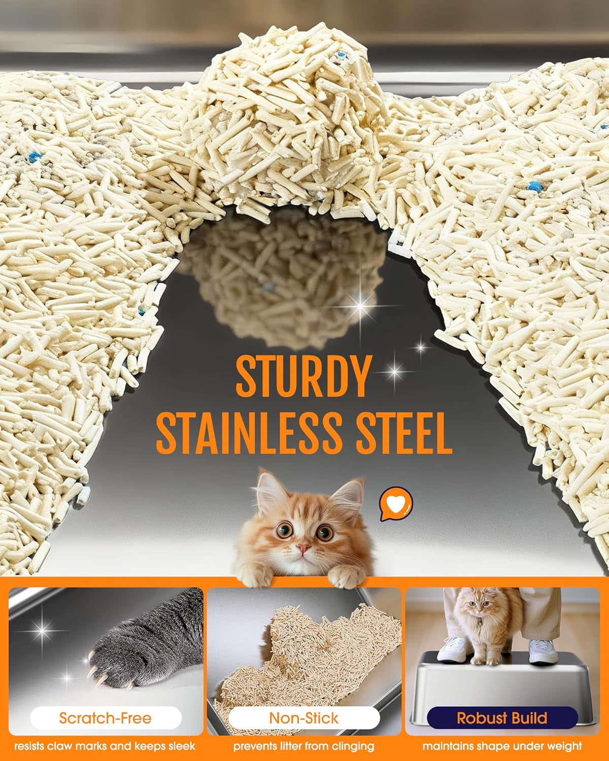 Stainless Steel Cat Litter Box with Scatter-Proof Elevated Step Board and Scoop - Durable Non-Sticky Design in Grey