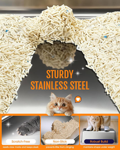 Stainless Steel Cat Litter Box with Scatter-Proof Elevated Step Board and Scoop - Durable Non-Sticky Design in Grey
