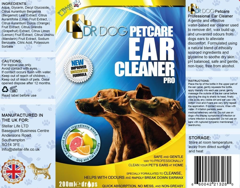 Dog Ear Cleaner Drops – Dog Ear Cleaning Solution - Easy Apply Nozzle Canine Ear Cleaner – Ear Wash for Dogs - Help Relieve Itching, Head Shaking, Irritation – Dog Ear Flush Formula – 230Ml