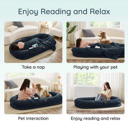 Human Dog Bed for Adult - Luxury Faux Fur Giant Size Dog Bed with Portable Handle, Egg Orthopedic Foam with Blanket,, Navy