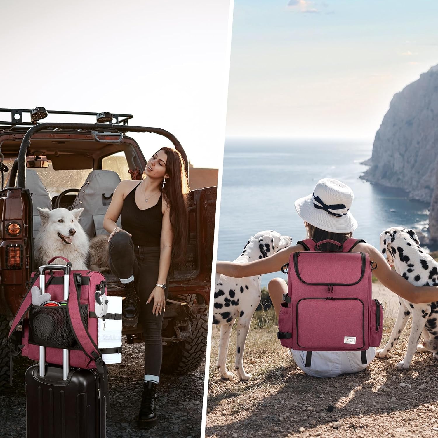 Pet Travel Backpack: Airline-Approved Organizer for Dogs and Cats with Shoulder Strap, Includes 2 Food Storage Containers, 2 Collapsible Bowls, and 1 Pet Mat - Rose Red