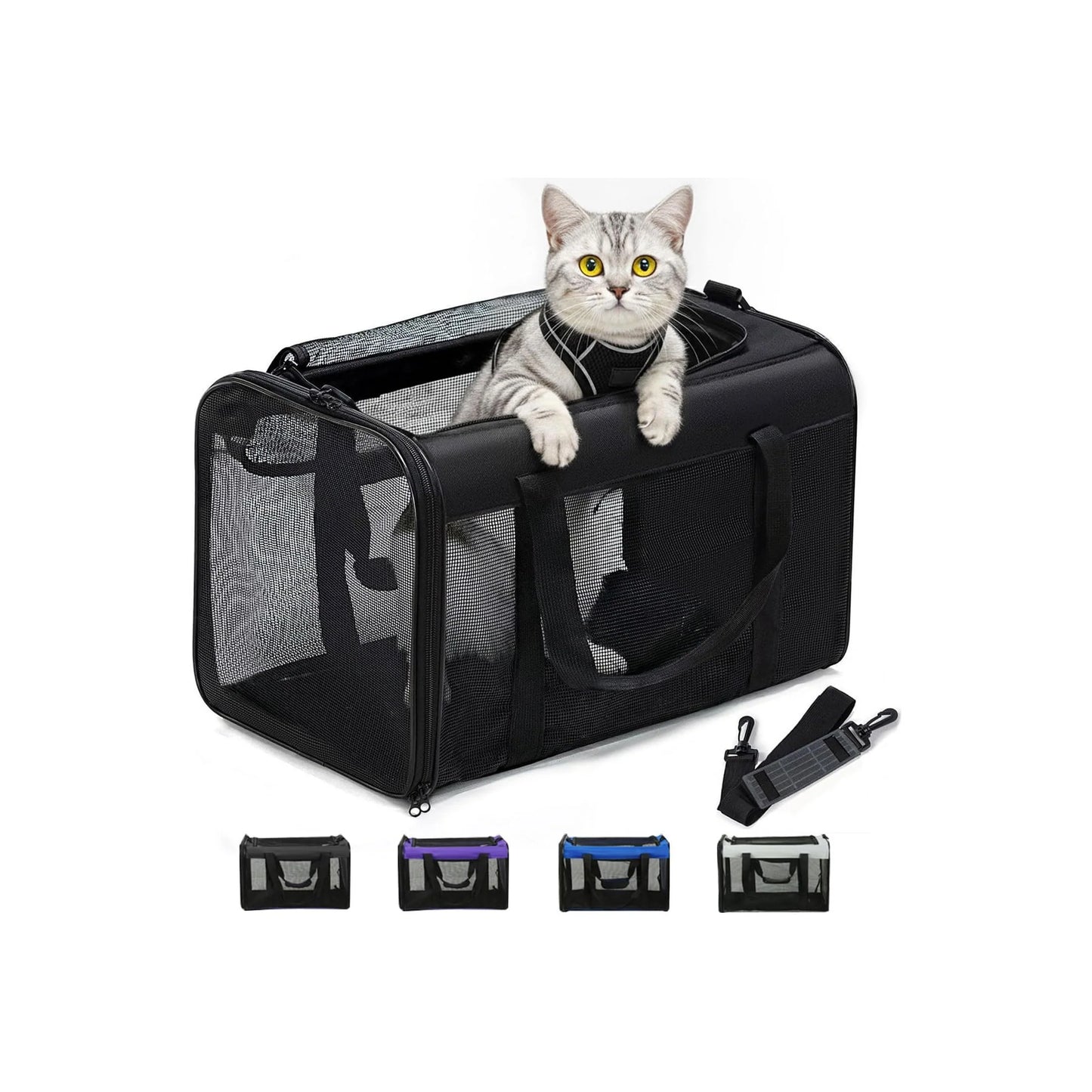 Soft-Sided Cat Carrier Bag - Airline Approved Pet Transport for Small to Medium Cats and Puppies up to 15 lbs, Featuring 4-Sided Mesh and Collapsible Design