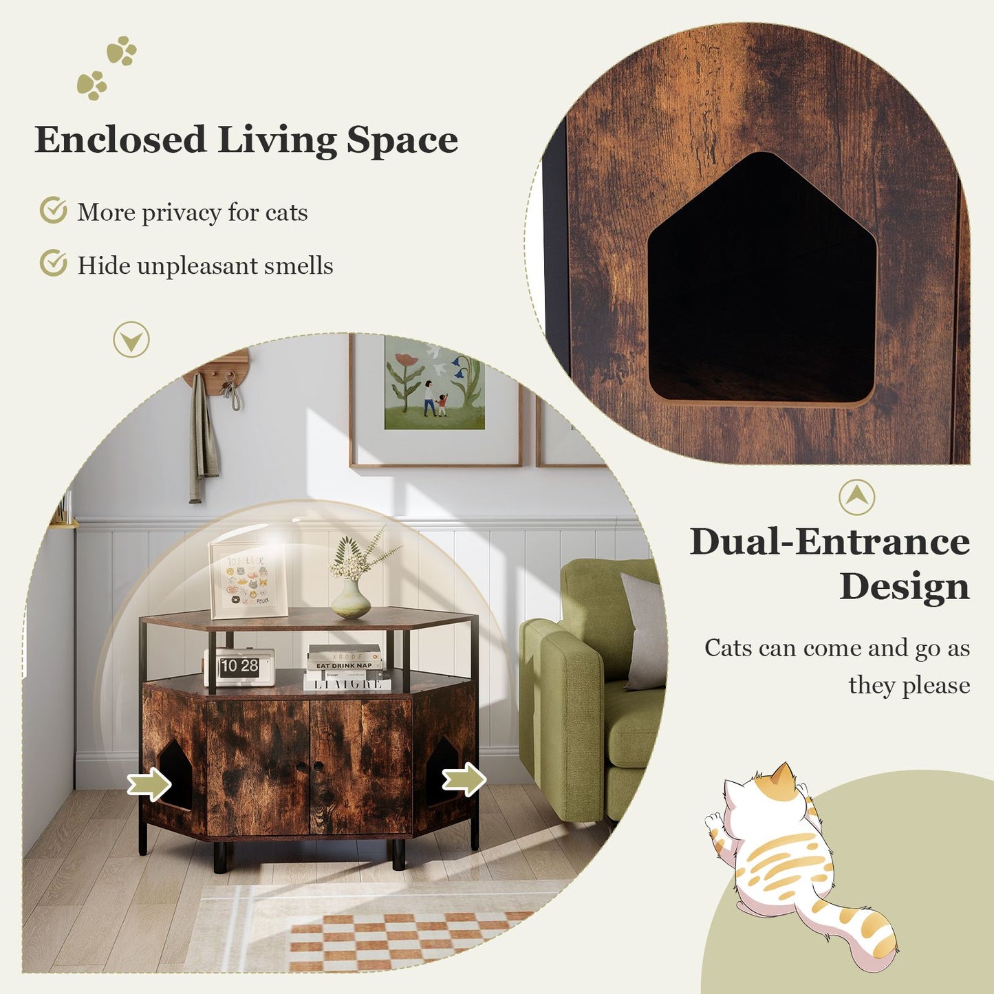 Corner Cat Litter Box Enclosure with Integrated Open Shelf