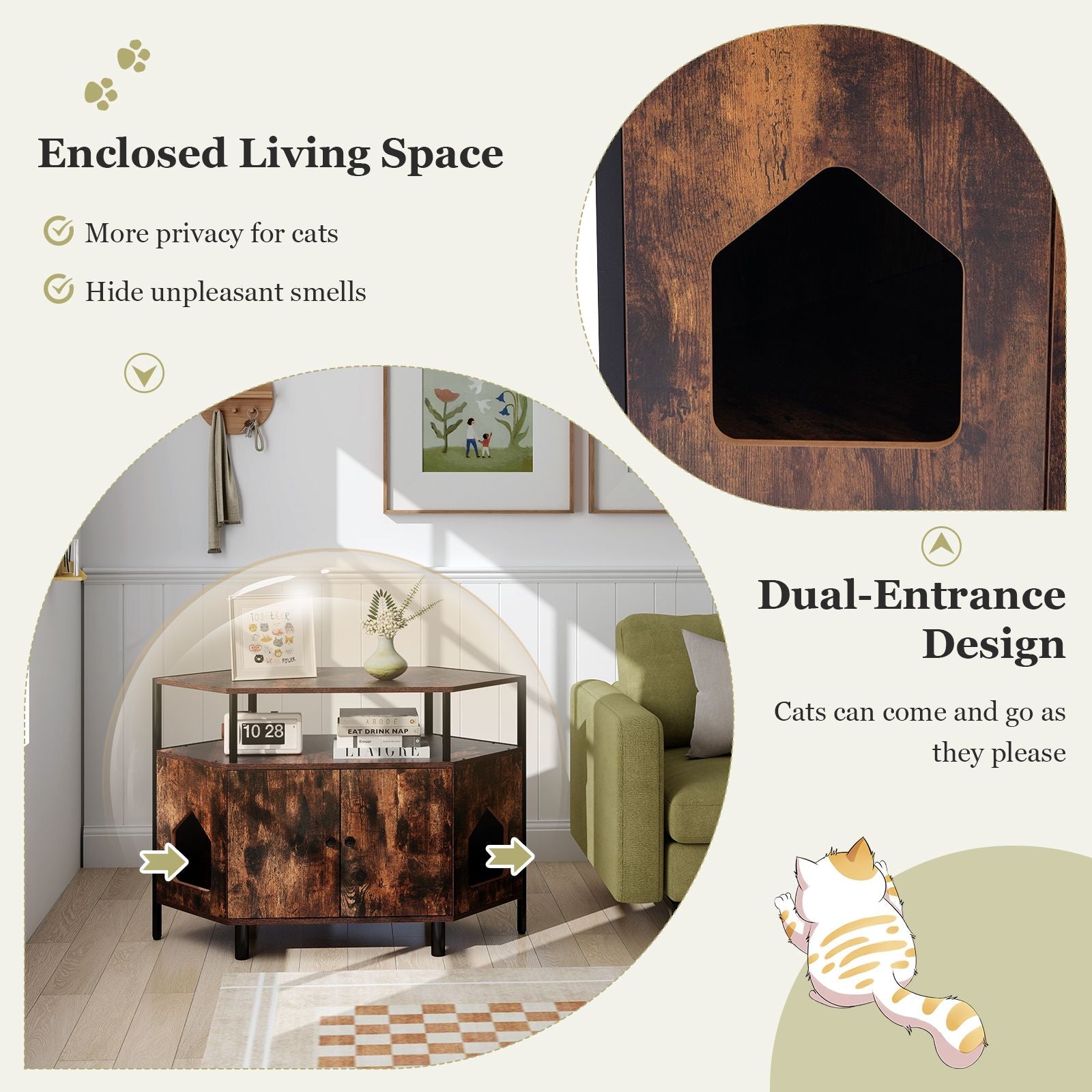 Corner Cat Litter Box Enclosure with Integrated Open Shelf