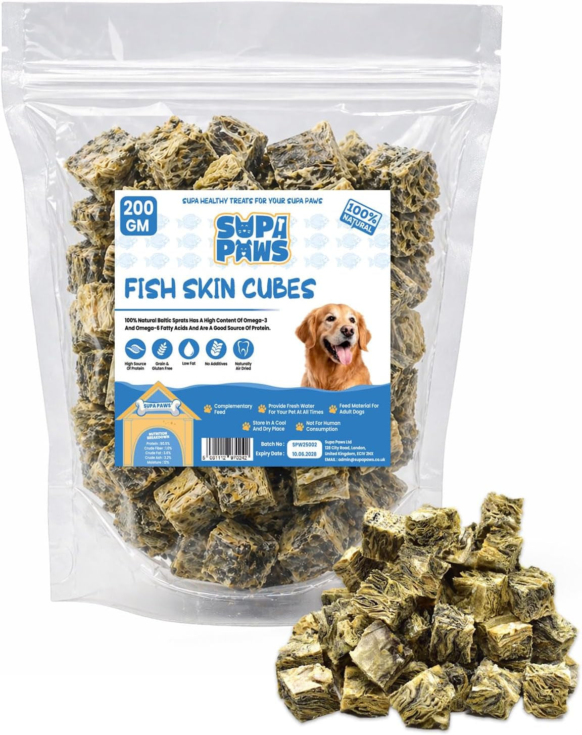 200G Fish Skin Cubes for Dogs 100% Natural White Fish Skin Jerky Cubes Dog Treat, Hypoallergenic Dog Food & Grain Free Dog Chews, Dental Pet Treat, High Protein Dog Snacks