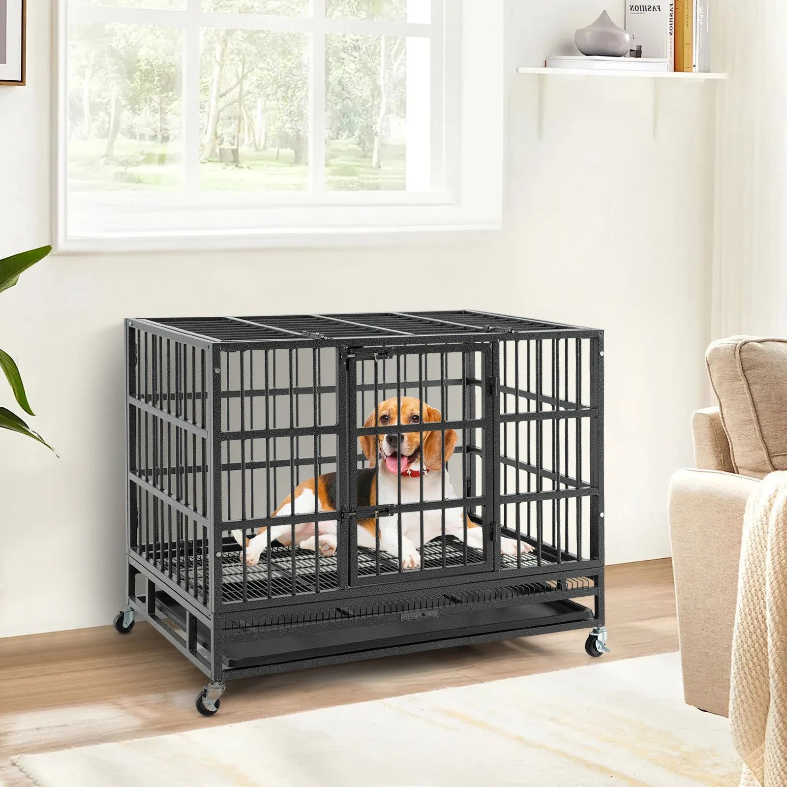 Foldable Metal Dog Cage with Double Doors and Wheels - 96/120 cm