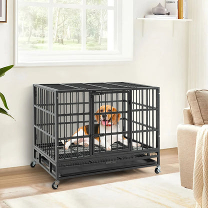 Foldable Metal Dog Cage with Double Doors and Wheels - 96/120 cm