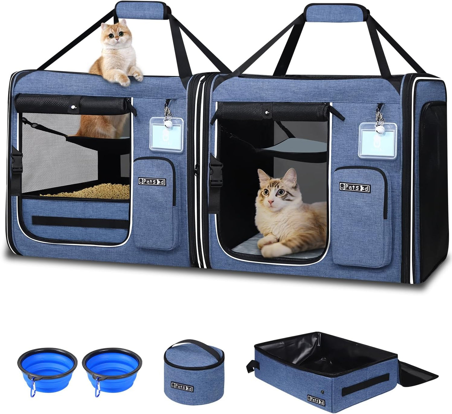 Portable Dual Cat Carrier with Integrated Litter Box (Blue)