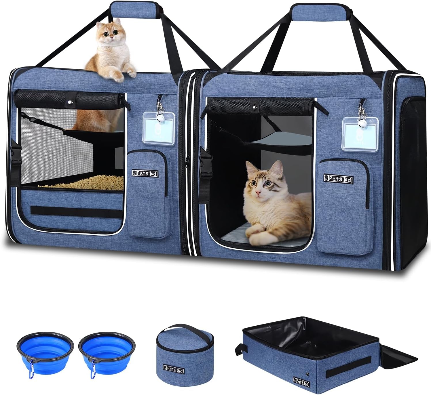 Portable Dual Cat Carrier with Integrated Litter Box (Blue)