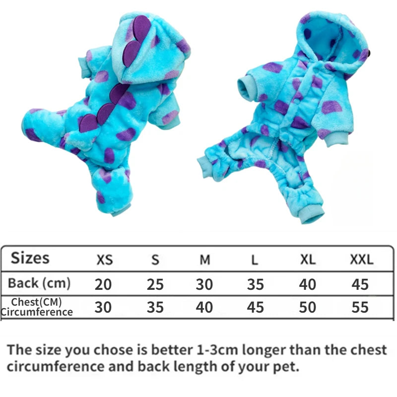 Thickened Warm Blue Dinosaur Hooded Coat for Small to Medium Dogs - Autumn and Winter Pet Apparel