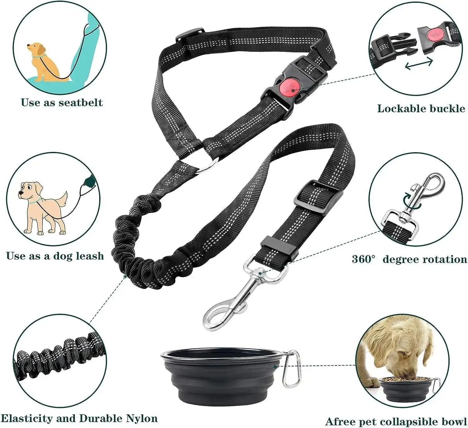 High-Quality Adjustable Dog Car Safety Belt with Damping Feature and Reflective Line, Suitable for All Dog Sizes