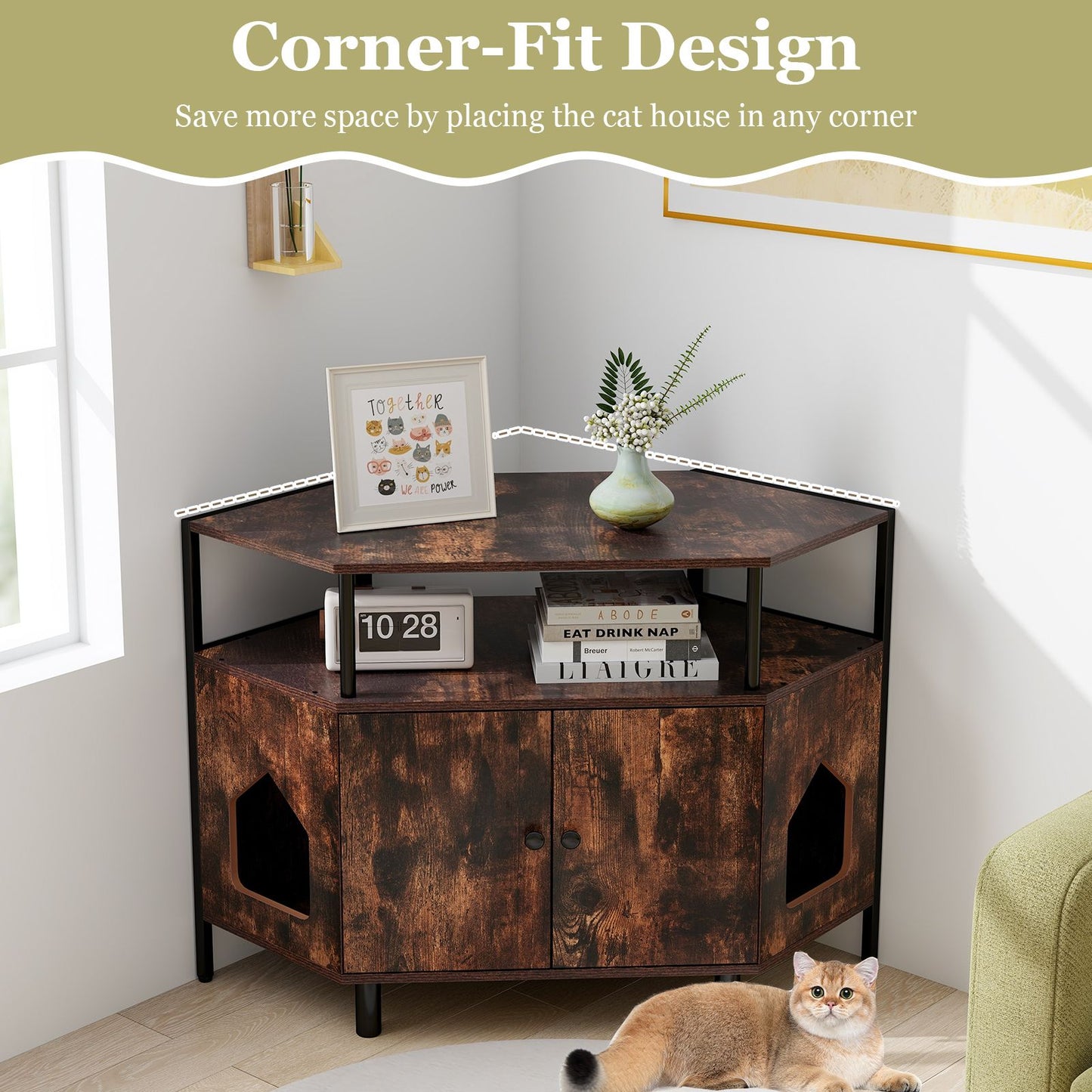 Corner Cat Litter Box Enclosure with Integrated Open Shelf