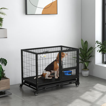 Pawhut 36-Inch Heavy-Duty Dog Crate with Wheels, Bowl Holder, and Removable Tray