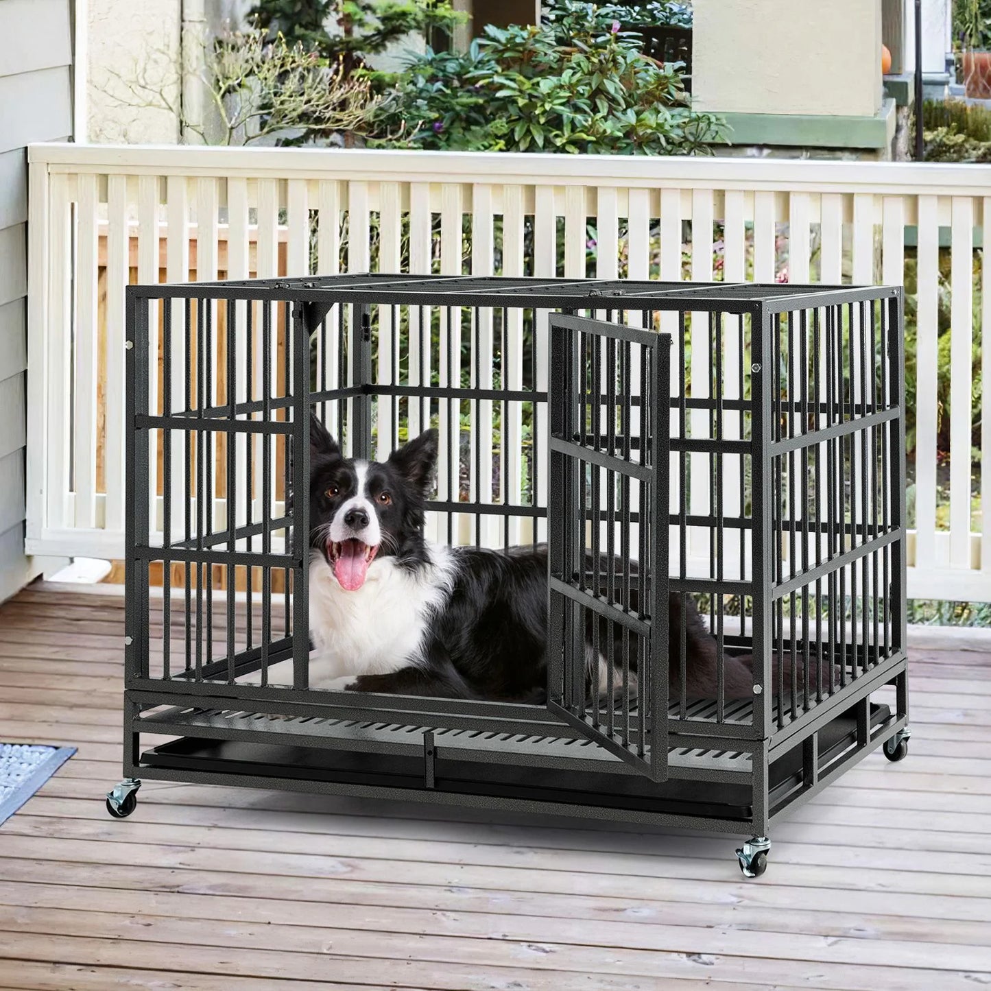 Foldable Metal Dog Cage with Double Doors and Wheels - 96/120 cm