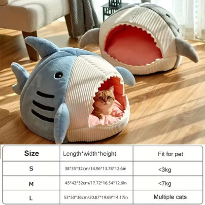 Warm Cat Beds - Cartoon Shark Pet Cave for Kittens, Cushioned Mat Tent and Nest for Pets