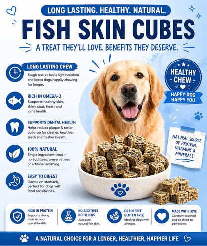 200G Fish Skin Cubes for Dogs 100% Natural White Fish Skin Jerky Cubes Dog Treat, Hypoallergenic Dog Food & Grain Free Dog Chews, Dental Pet Treat, High Protein Dog Snacks