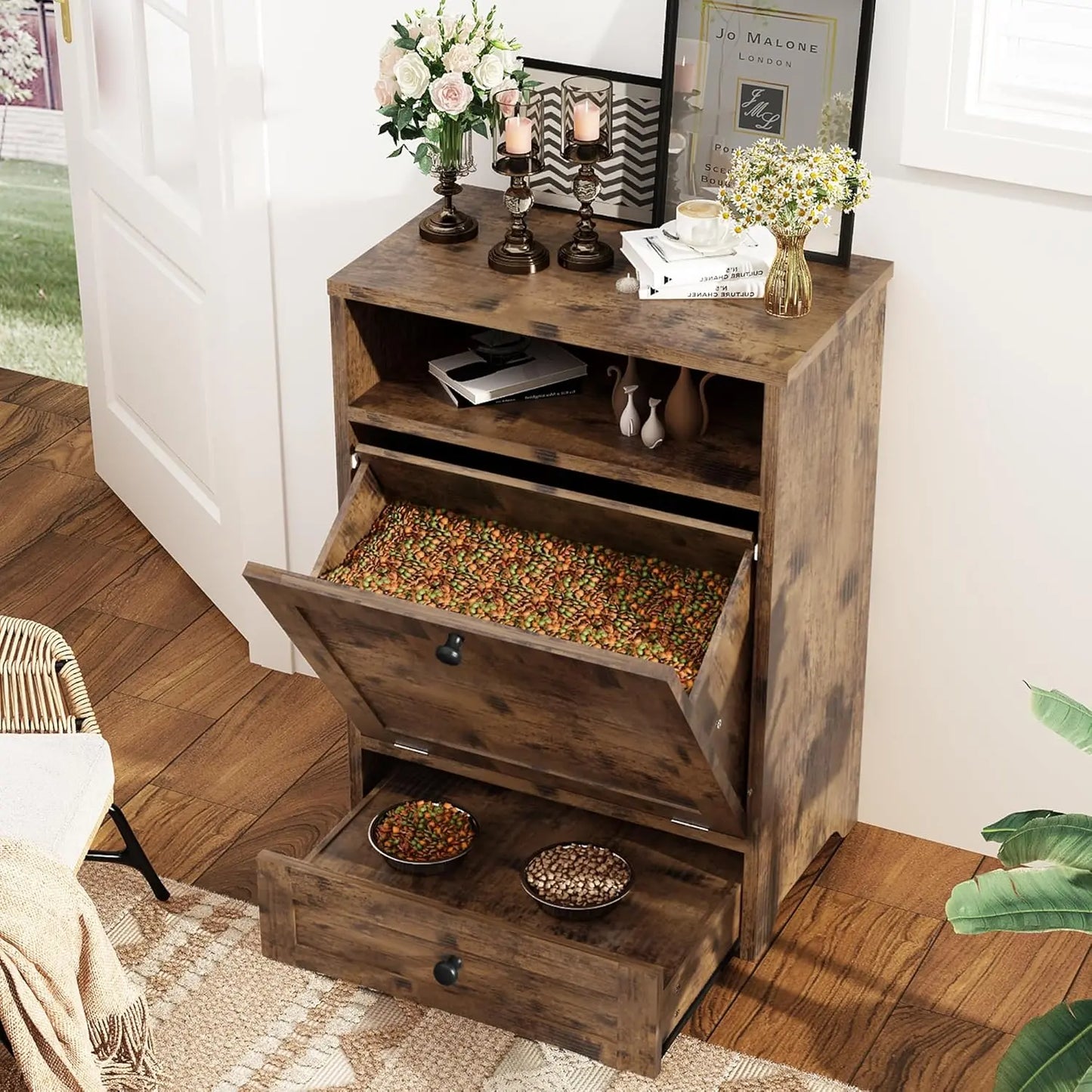 Linkromat Elevated Dog Feeding Station with Storage Cabinet and Two Bowls, Brown