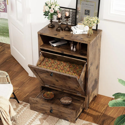 Linkromat Elevated Dog Feeding Station with Storage Cabinet and Two Bowls, Brown