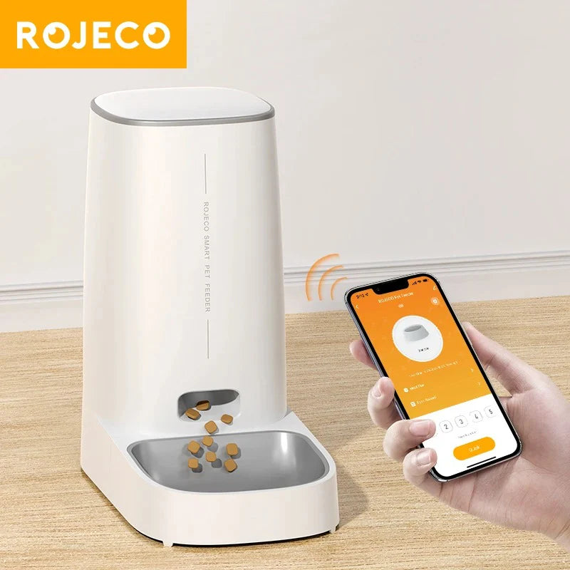 ROJECO Smart Automatic Cat Feeder with Wi-Fi Connectivity and Remote Control for Dry Food Dispensing for Cats and Dogs