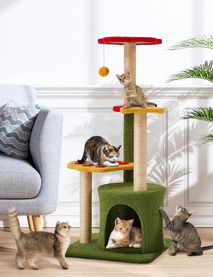 Flower Cat Tree 37In Cute Cat Tree Tower for Indoor Cats with 3 Sisal Covered Scratching Posts, Cozy Tower Condo, Padded Top Perch Green Fun Cat Tree Kitty Condo Cat Furniture for Indoor Cats