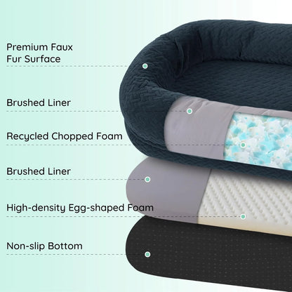 Human Dog Bed for Adult - Luxury Faux Fur Giant Size Dog Bed with Portable Handle, Egg Orthopedic Foam with Blanket,, Navy