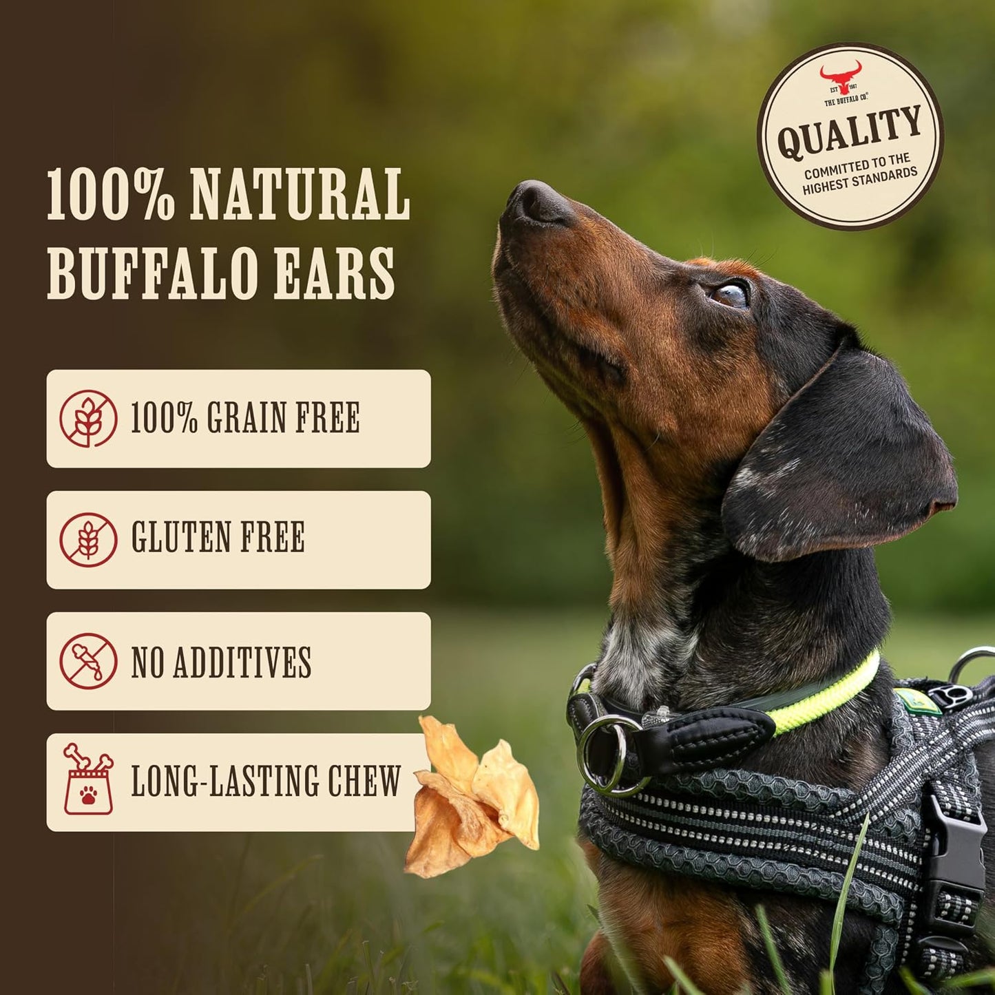 Buffalo Ears for Dogs 20 Pack | Natural Grass-Fed Dog Treats | Ultra Lean 2.5% Fat Dog Chews | Grain Free & Gluten Free | Long Lasting Dental Chew