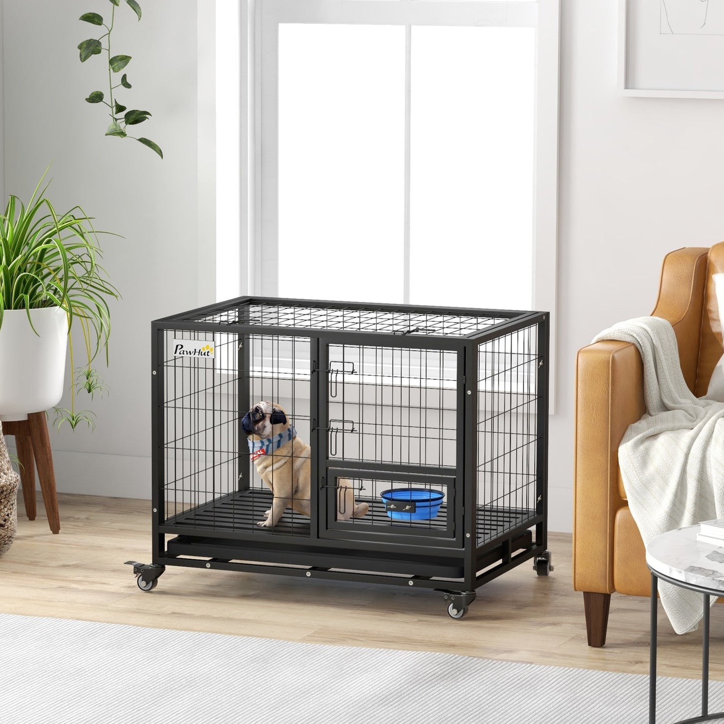 Pawhut 36-Inch Heavy-Duty Dog Crate with Wheels, Bowl Holder, and Removable Tray