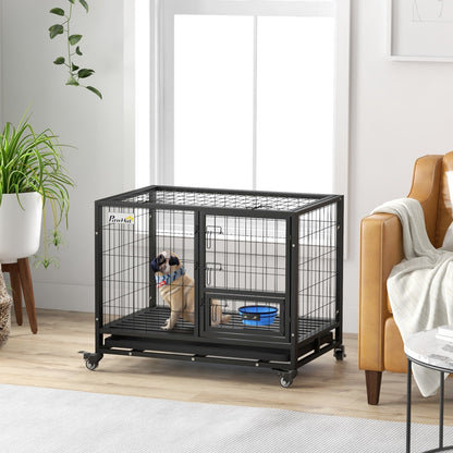Pawhut 36-Inch Heavy-Duty Dog Crate with Wheels, Bowl Holder, and Removable Tray