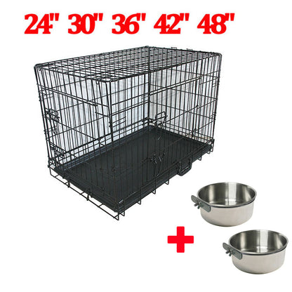 Metal Dog Crate and Carrier with Folding Design and Feeding Bowls for Training and Travel